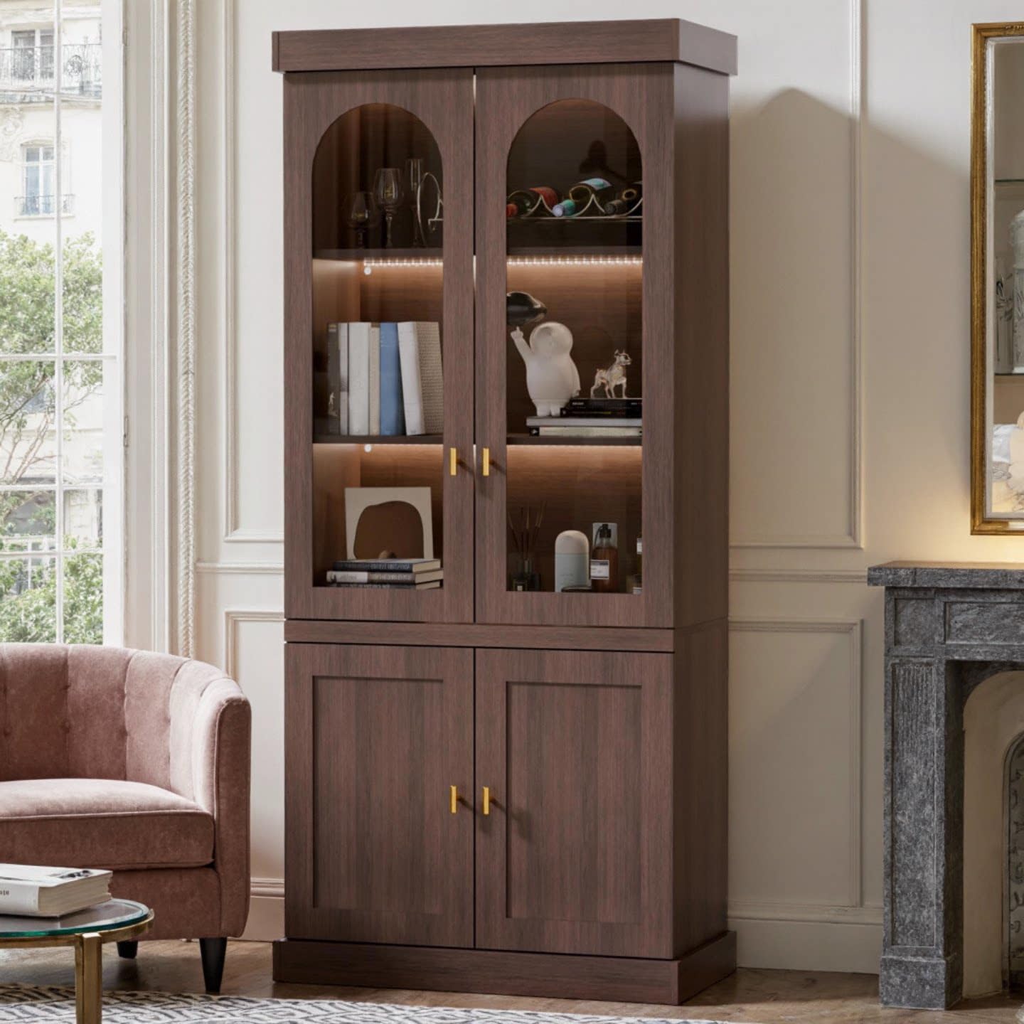 Trygoal 71'' Tall Display Cabinet with Glass Door, Mid Century Modern China Cabinet with LED Stripe, Kitchen Buffet Pantry Cupboard, Trophy Display Case for Living Room Dining Room Bedroom, Walnut