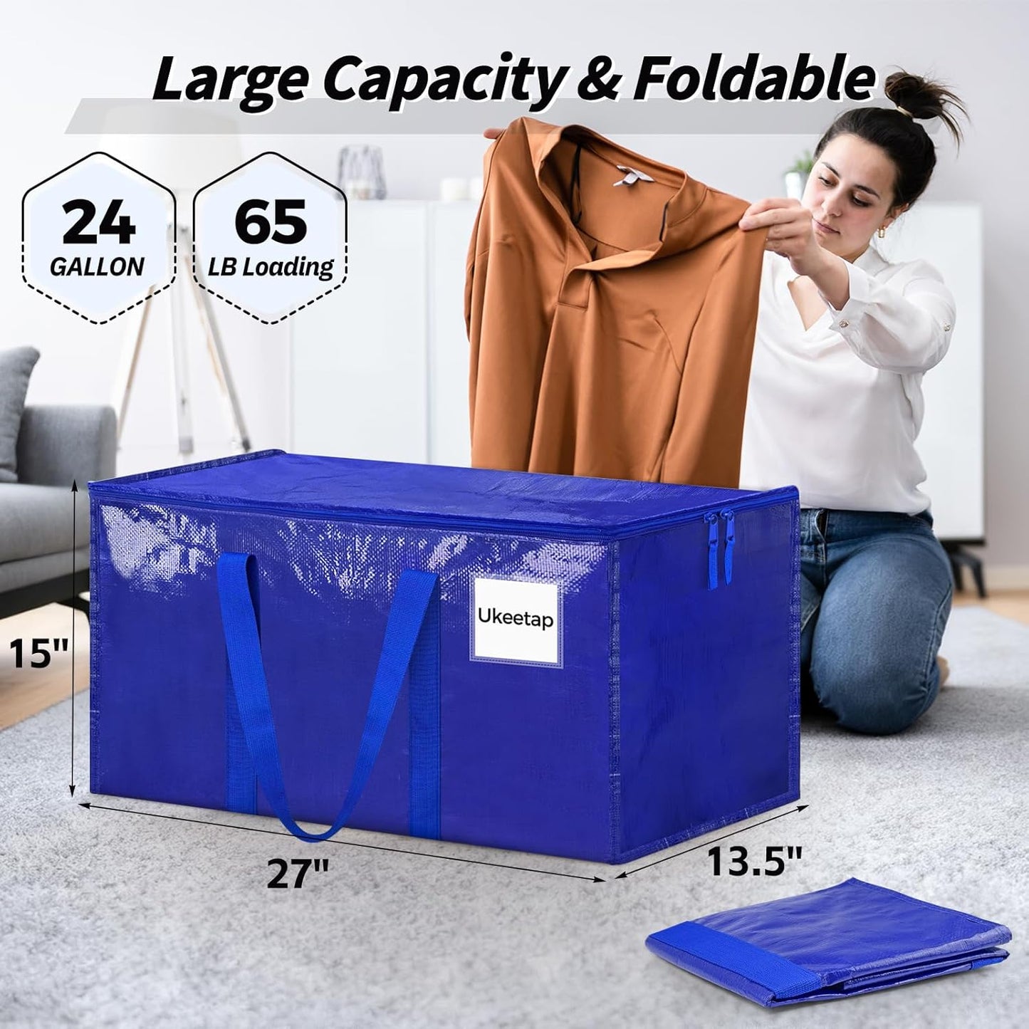 Skiennix Extra Large Heavy-Duty Moving Bags - 8 Pack Blue Storage Totes with Reinforced Handles & Zippers