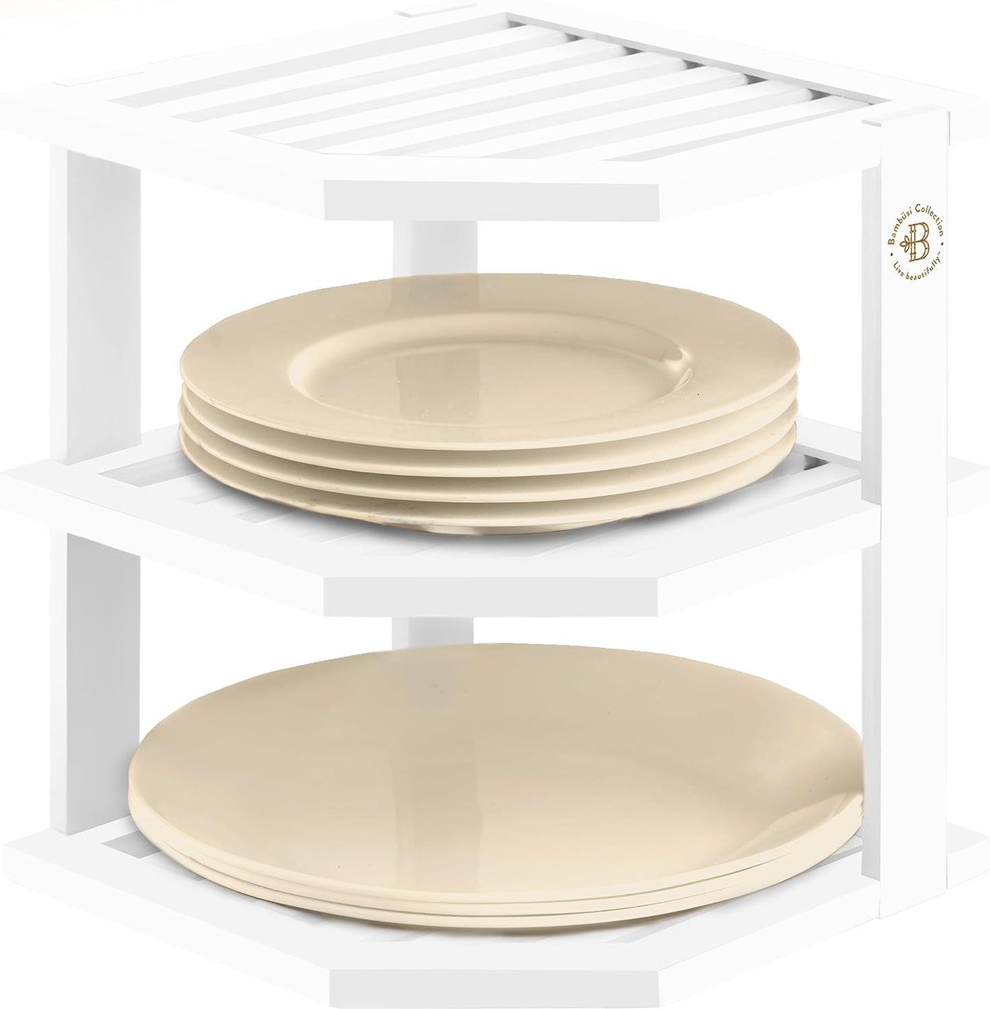 Bambuesi Plate Organizer for Cabinet, Bamboo Kitchen and Bathroom Space Saving Organizer