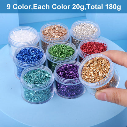 9 Box Broken Crushed Glass Glitter, with 100 g Steampunk Gears,6.4oz/180g Irregular Shards Metallic Crystal Chips 2-4mm Chunky Flakes Sequins Gravel for Epoxy Resin Craft Supplies G009