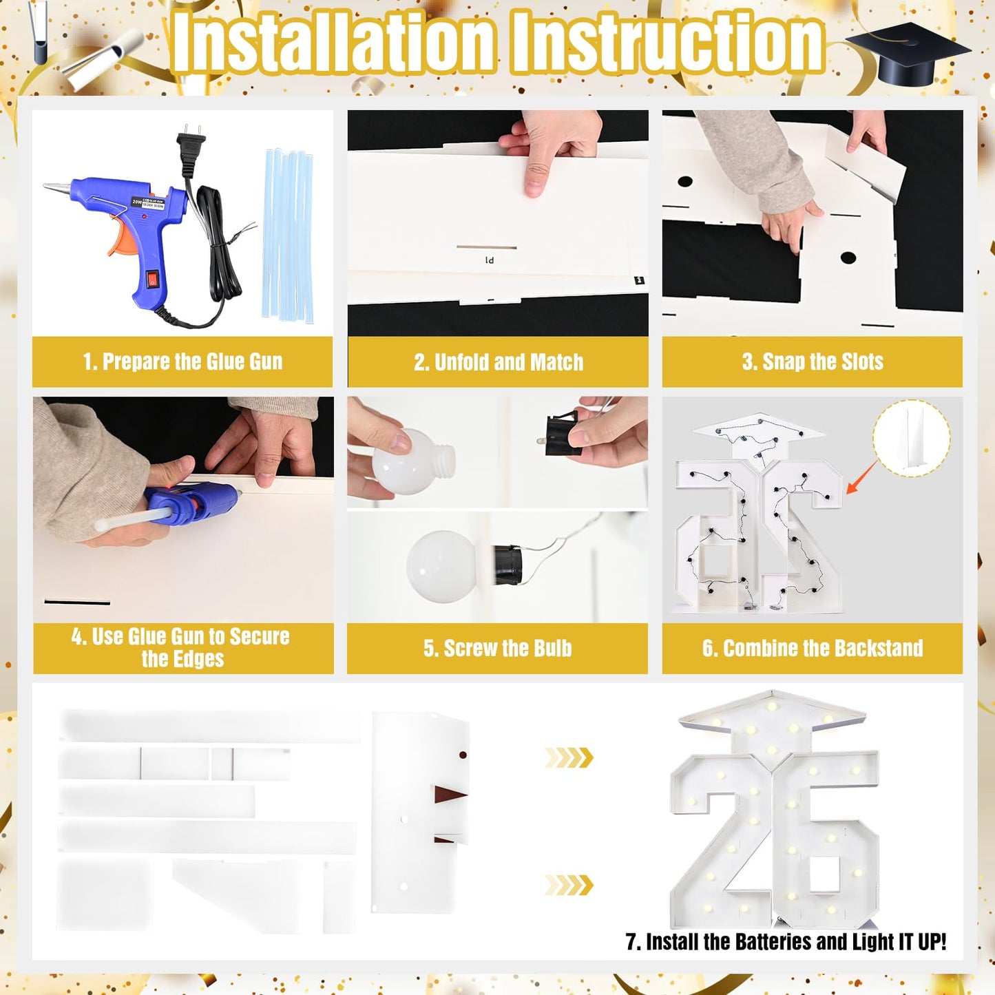 Froova 26 Light Up Numbers Marquee 4.3 FT for 2026 Graduation Decorations Graduation Cap White Large Mosaic Number Lights Sign Cardboard Pre-Cut Frame for Class of 2026 High School College Grad Party