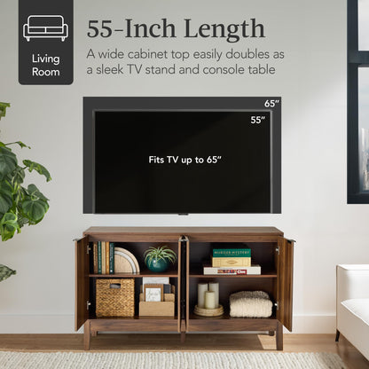 Best Choice Products 55" Modern 4-Door Sideboard Storage Cabinet, Buffet, Media Cabinet, Cupboard, Entryway Accent Table, Bookcase w/Reed Panels and Adjustable Shelves – Walnut