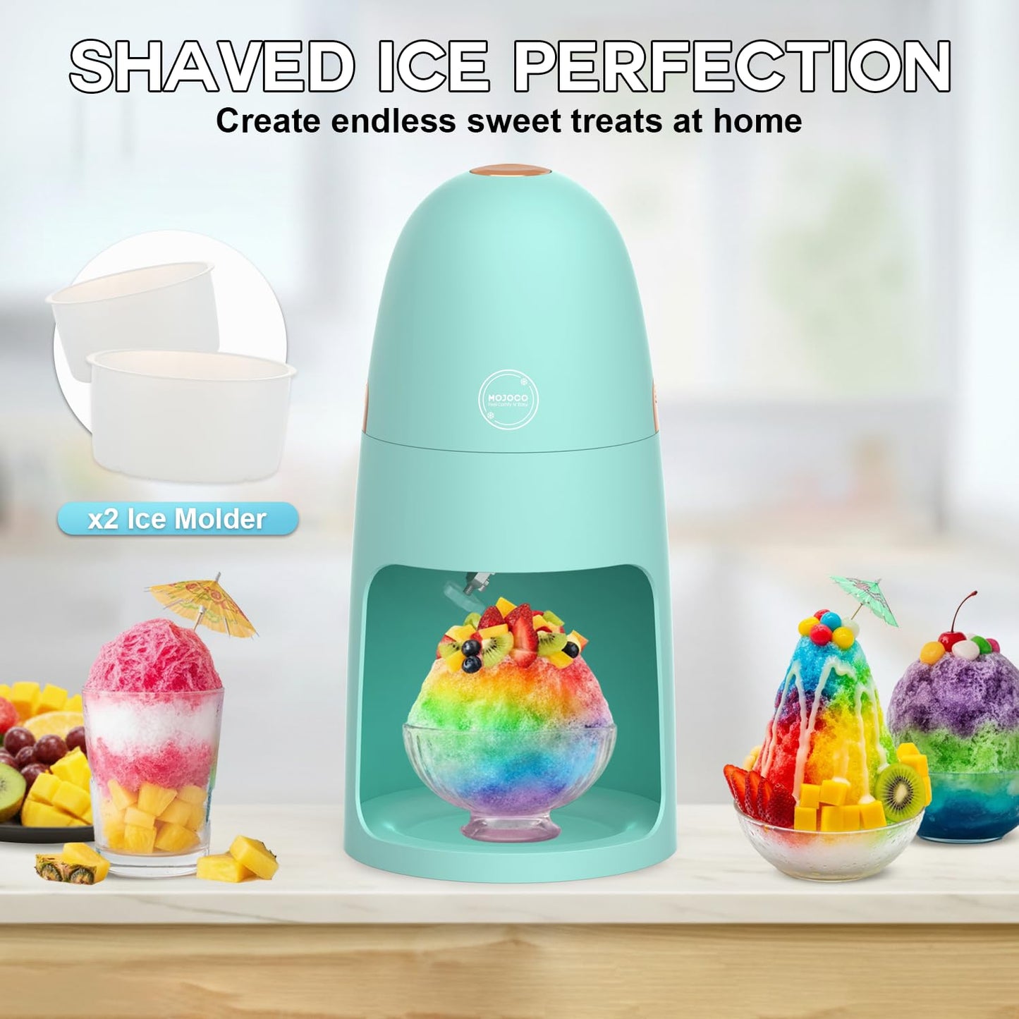 MOJOCO Shaved Ice Machine - Electric Ice Shaver Machine with Adjustable Blades for Fine & Coarse Ice - One-Press Operation Lightweight Snow Cone Maker for Slushies, Bingsu, Frozen Desserts