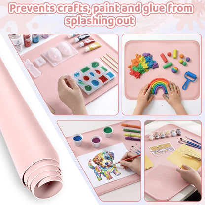Extra Large Silicone Painting Mat for Crafts, 24”x 19” Waterproof Art Mat with Raised Sides, for Paint, Clay Playdough, & Jewelry-Making (Pink)