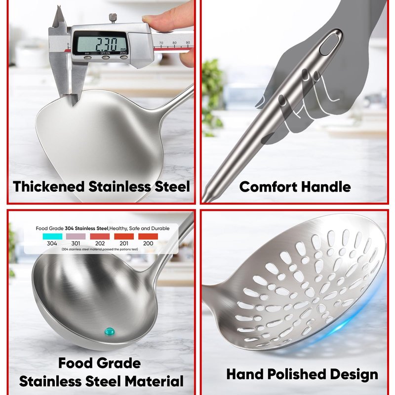 Newness 9 Pcs Cooking Utensils Set, 304 Stainless Steel Kitchen Utensils Set, Metal Kitchen Accessories, Include Soup Ladle, Slotted Skimmer Spoon, Spaghetti Spoon and Spatula, Dishwasher Safe (Short)
