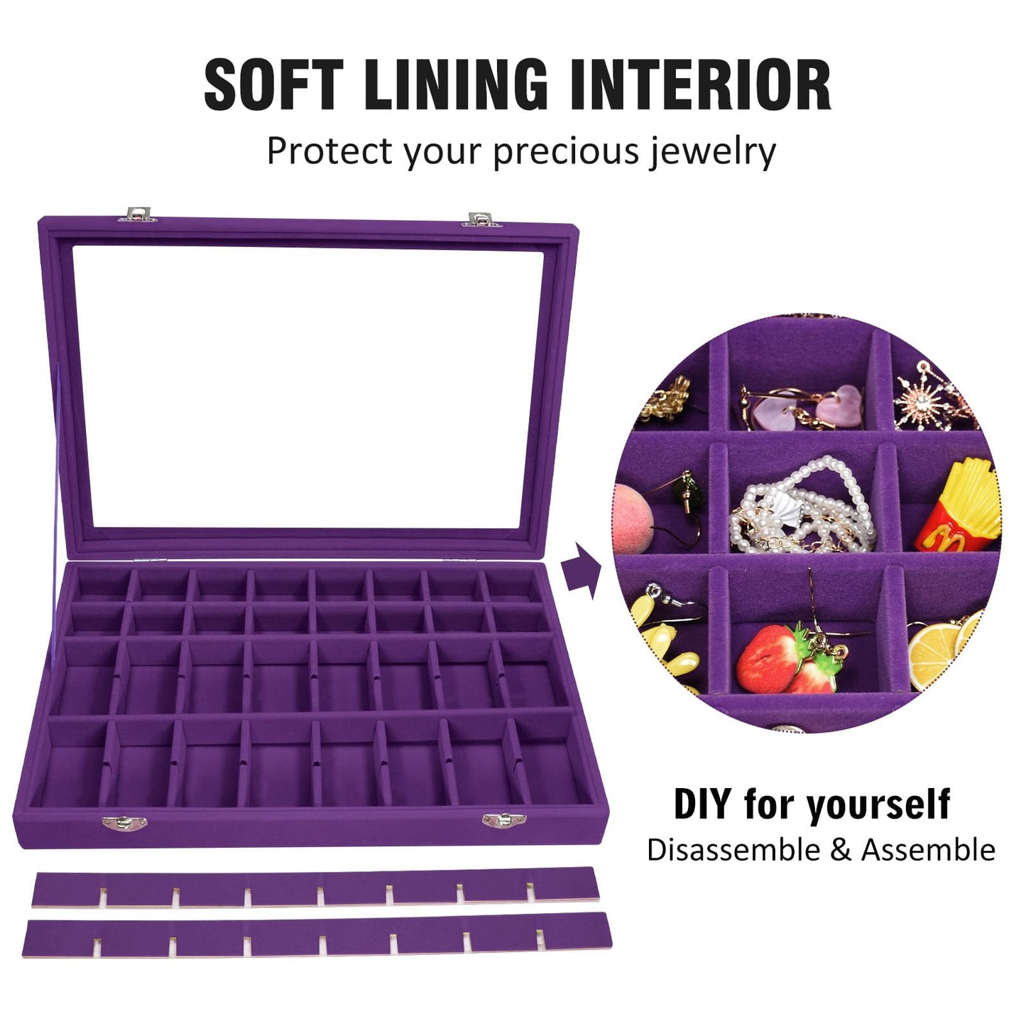 Vicoter Velvet Jewelry Tray 48 Compartments Jewelry Display Organizer with Transparent Cover Rings, Earrings, Necklaces, Pendants Storage Box for Girls, Wives, Mothers, Women
