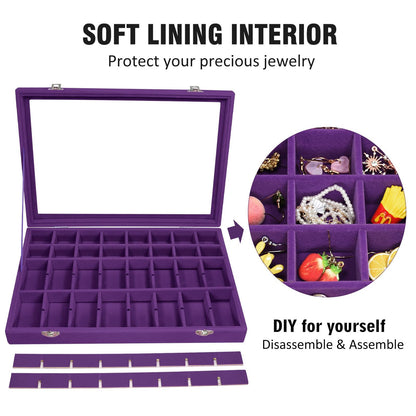 Vicoter Velvet Jewelry Tray 48 Compartments Jewelry Display Organizer with Transparent Cover Rings, Earrings, Necklaces, Pendants Storage Box for Girls, Wives, Mothers, Women