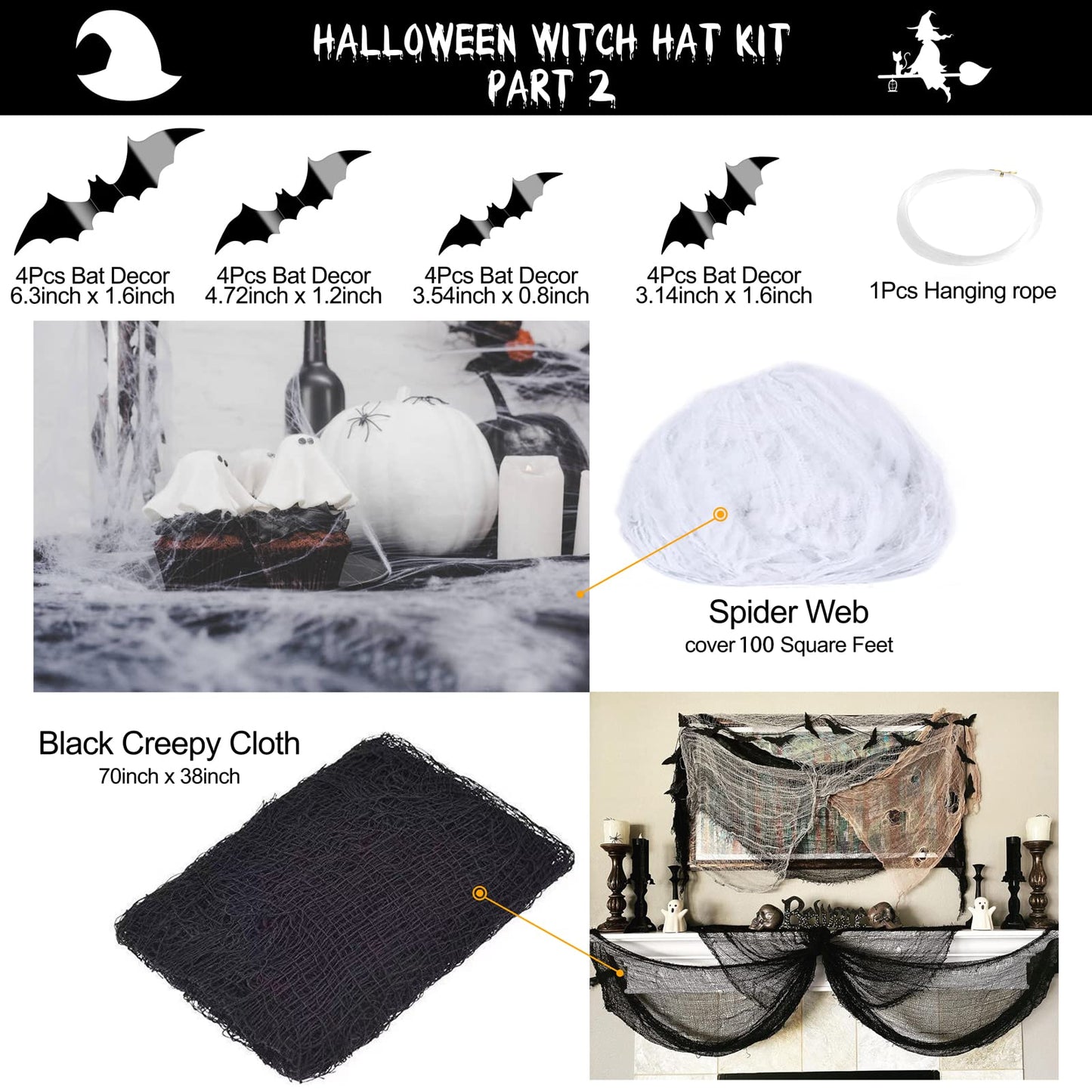 LINAYE Halloween Witches Hat XL Kit - 8 PCS Black Witch Hats with Hanging Rope,16 PCS 3D Bat,Spider Web,Creepy Cloth Halloween Hanging Decoration Decor Wizard Hats