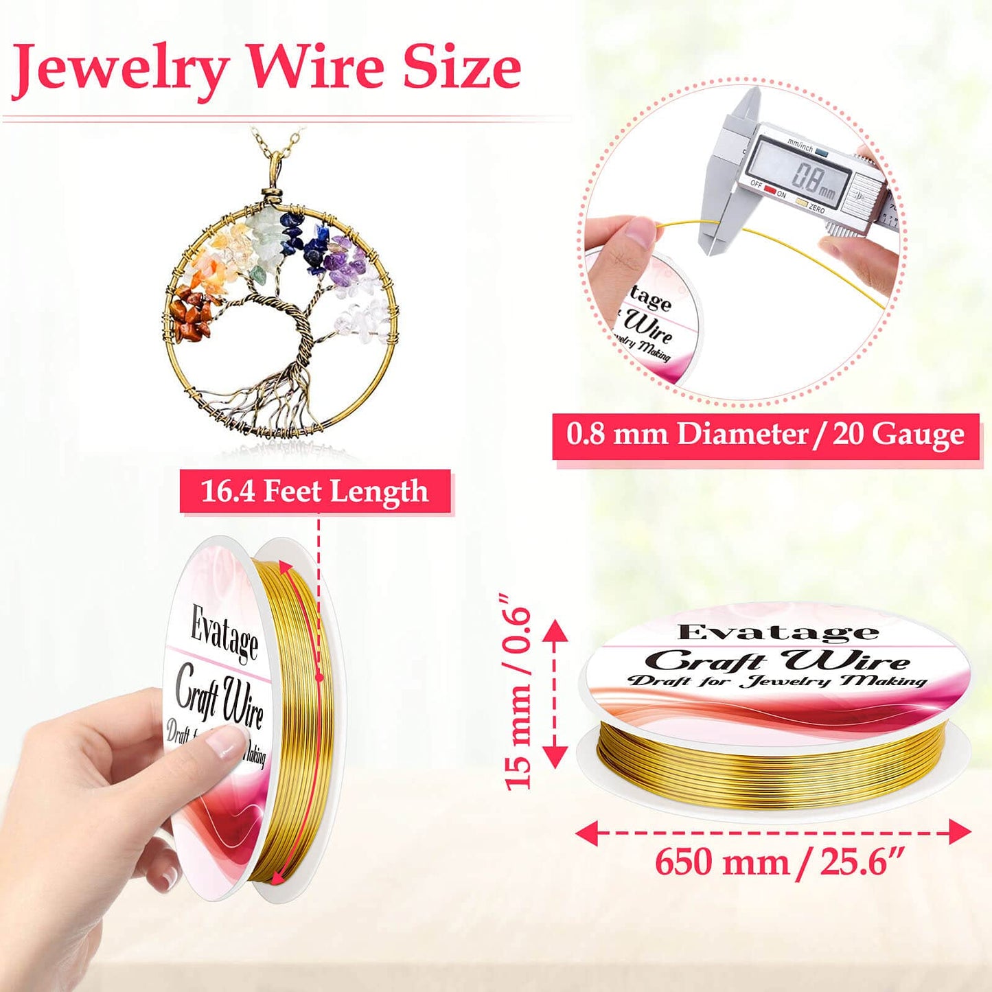 20 Gauge Jewelry Wire for Jewelry Making, Evatage 6 Rolls Craft Wire Tarnish Resistant Copper Beading Wire for Jewelry Making Supplies and Crafts