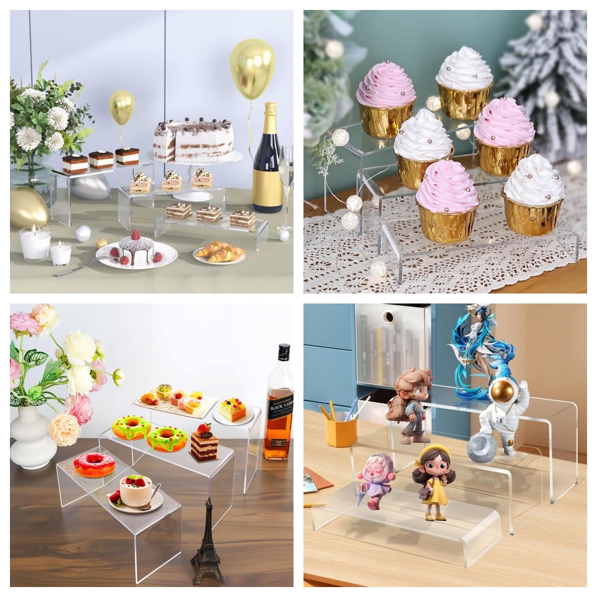 KUPOO 6Pcs Acrylic Display Risers 2 Set Large Clear 9 Inch Rectangular Acryic Risers Display Shelf for Retail Desktop Cupcake Stand Tiered Display Stand for Gemstone Curio Anime Figurines Collectibles (9 Inch - 6pcs)