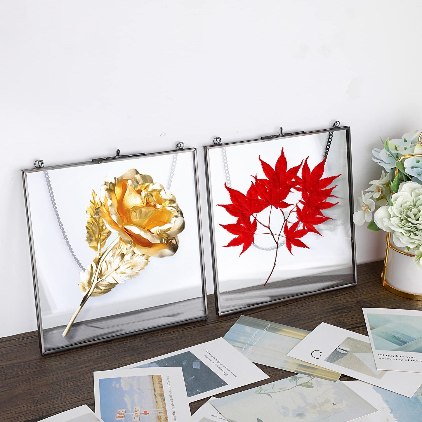 JUXYES 2 Pack Square Wall Hanging Brass Frames for Pressed Flowers, Double Glass Hanging Picture Artwork Display Frame, Black Floating Style Gallery Wall Frame for Picture, Poster, etc