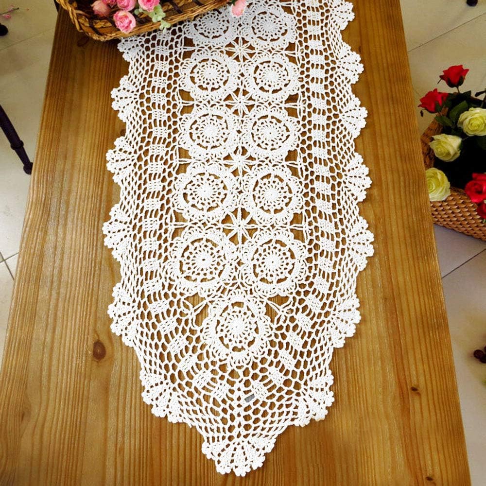 14x36 inch KEPSWET Cotton Handmade Crochet Lace Oval Table Runner Dresser Console Coffee Table TV Stand Decor White