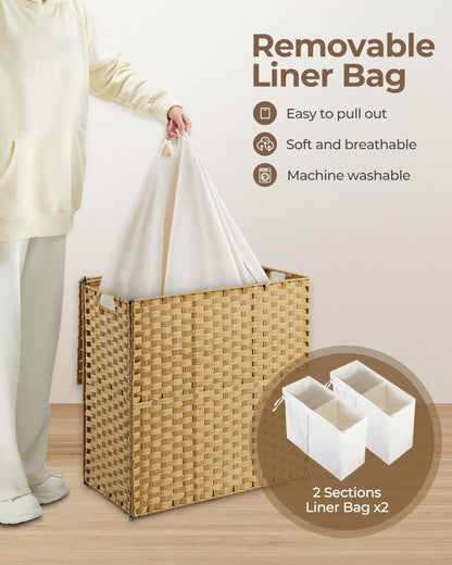 Greenstell Laundry Hamper with lid, No Install Needed, 110L Wicker Laundry Baskets Foldable 2 Removable Liner Bags, 2 Section Clothes Hamper Handwoven Rattan Laundry Basket with Handles, Natural