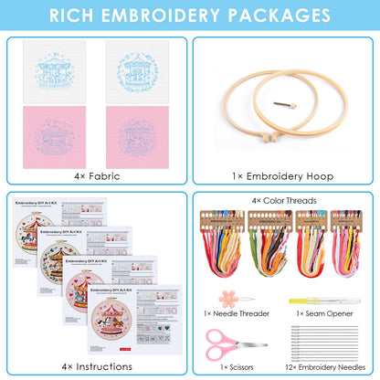 ERKOON 4 Set Embroidery Kit for Beginners, Cross Stitch Set Include Embroidery Cloth Hoops Threads for Craft Lover Hand Stitch with Embroidery Skill Techniques (Carousel)