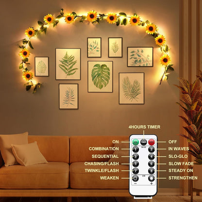 7.2ft GOESWELL Artificial Sunflower Garland with String Light: Fake SilkFlowers Vines with Green Leaves and Remote