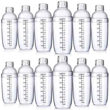 Lallisa 12 Pcs Plastic Cocktail Shaker Drink Mixer with Scales and Strainer Top Clear Shaker Cup with Measurement Plastic Mixing Tool for Tea Coffee Bubble Tea Milk(700 Cc/ 24 oz)