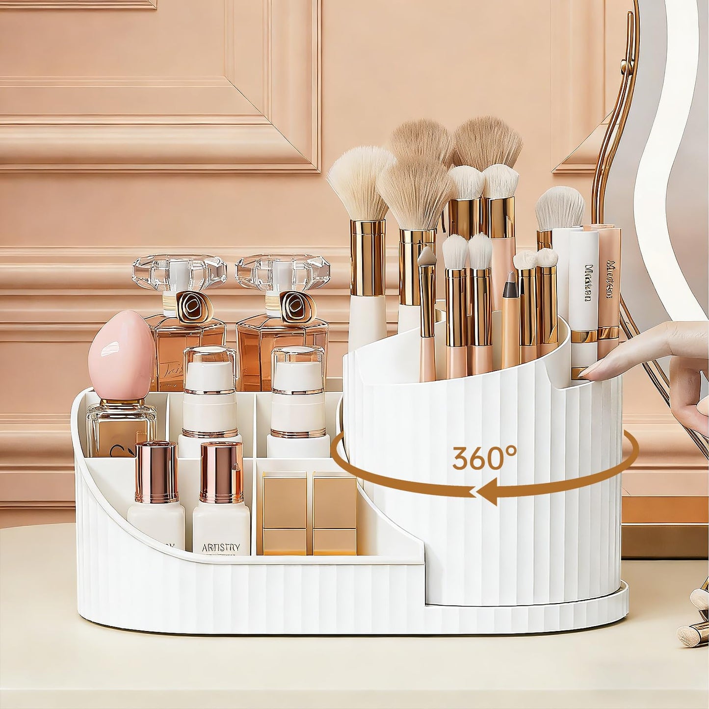 Anyoifax 360 Rotating Makeup Brush Holder Organizer with Divider 5 Slots Make Up Brushes Cup Flower-Shaped Spinning Pen Holder for Vanity, Cosmetics, Lipsticks, White