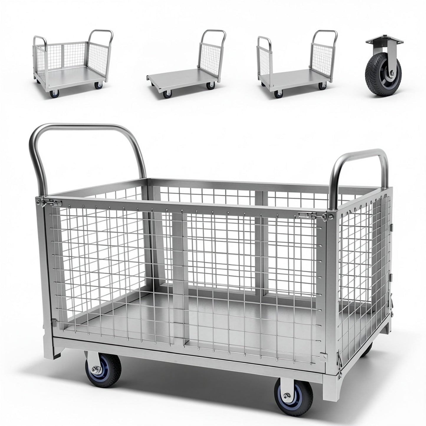2600LBS Warehouse Cage Cart, Dual Height Handrail Rolling Cage Cart with Ergonomic Pull Handle, Heavy Duty Platform Truck Carts with Cage, Encrypted Mesh Anti-Dropping Guardrail Easy Assembly