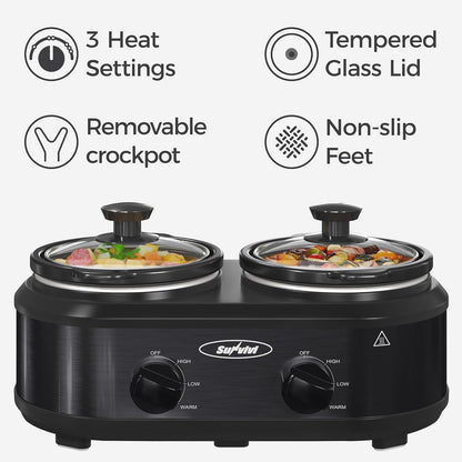 Sunvivi Dual Slow Cooker, Buffet Server & Warmer with 2 Removable Ceramic Pots, 3 Adjustable Temp Settings, 2.5 QT Black