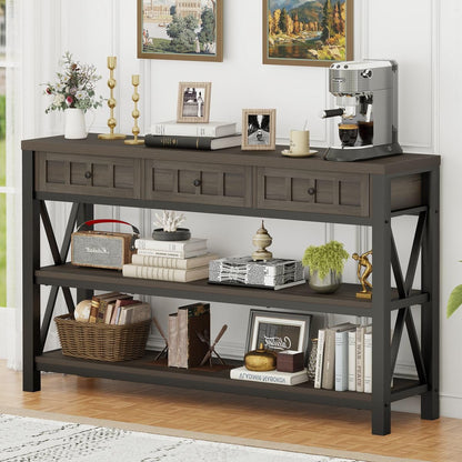 FATORRI Console Table with Storage for Entryway, Rustic Sofa Table with 3 Drawers for Living Room, Farmhouse Hallway Tables and Couch Tables Behind Sofa (54.72 Inch Long, Walnut Brown)