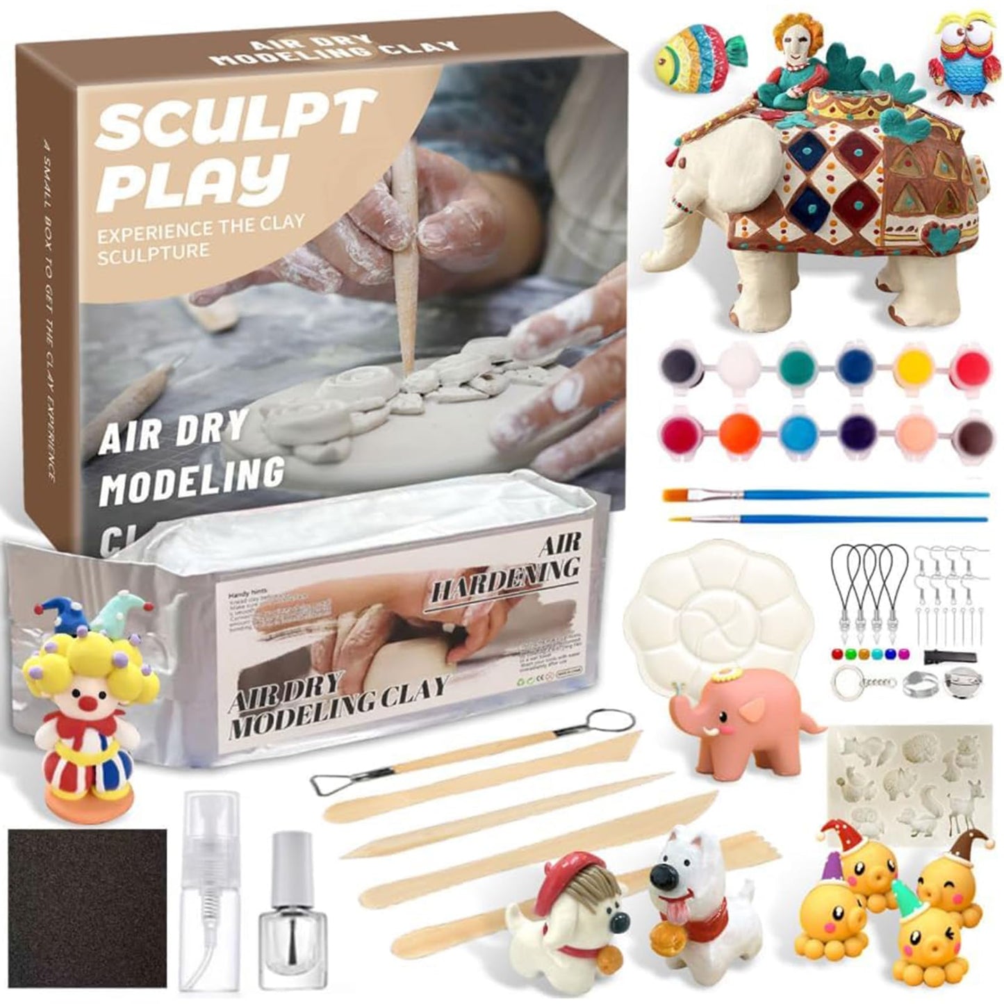 GOVOY Air Dry Clay Pottery Kit DIY Clay Kit for Beginners Handmade Pottery at Home with 12pcs of Paints Wooden Sculpting Tools Animal Mold Kids Adults Arts and Crafts Set