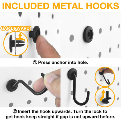 G.CORE Steel Pegboard and Hooks - 44pcs Peg Board Panels Organizer 1/4" Holes 14"x10" with J L Hooks - Kitchen Bathroom Craft Office Garage Tool Display Organization Drill/Adhesive Mounting (White)