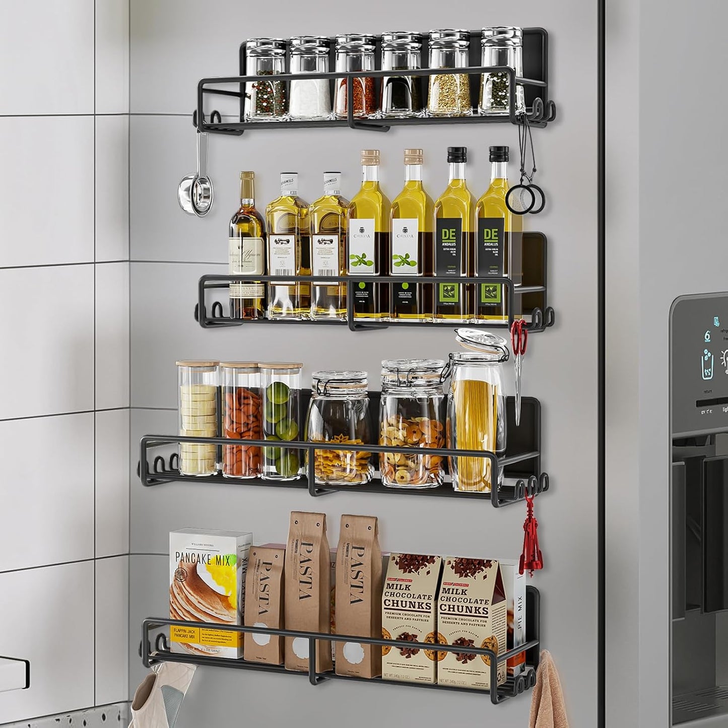 Magnetic Spice Rack for Refrigerator, 4 Pack Fridge Shelf with Hooks, Kitchen Organization and Storage Gadgets