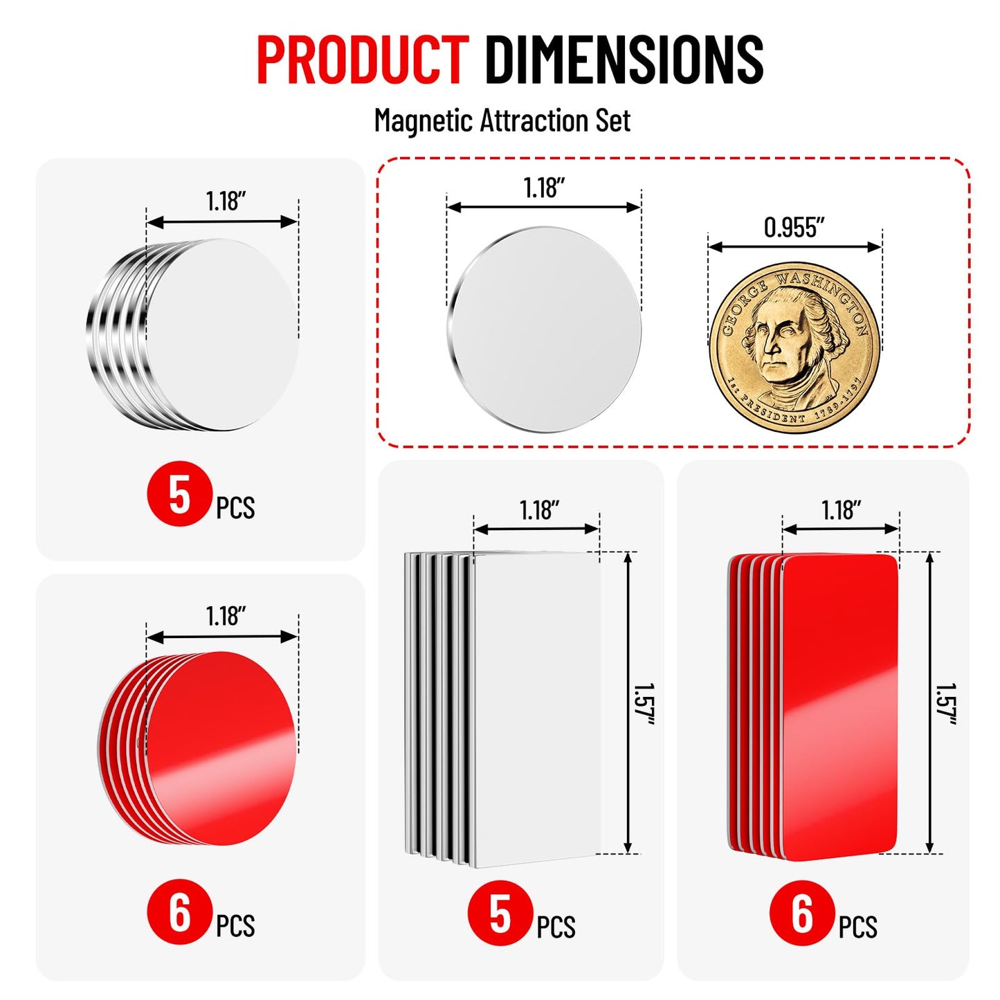 PHIXBEAR 10 Pack Neodymium Rare Earth Magnets Heavy Duty, Magnets with Strong Double Sided Tape, Scratch-Free Magnetic Strip for Cabinet Door, Fridge, DIY - (0.79"x1.58" & 1.18" Round)