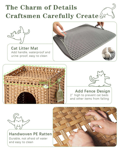 SETVSON Cat Litter Box Enclosure Furniture, Hidden Litter Box with Mat and Fence, Handwoven Rattan Cat House with Two S-Shaped Hooks for Living Room, Bedroom, 18.5 x 20.5 x 19.1 Inches (Natural)