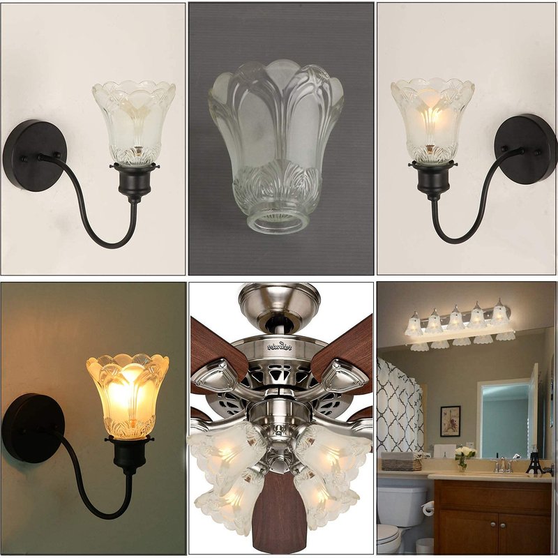 Anmire 2 Pack Clear Frosted Flower Glass Shade, Bell Shaped Light Fixture Replacement Globe or Cover with 2-1/8-Inch Fitter for Ceiling Fan Light Chandelier Wall Sconce, G0015