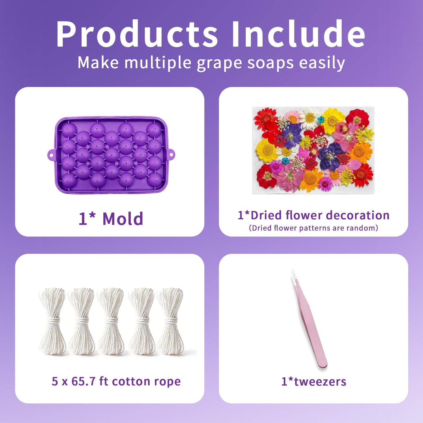 DIY Soap Making Kit, Silicone Grape Soap Mold with Cotton Rope, Dried Flowers & Tweezers, Exquisite Mold for Handmade Grape Soap Making Gift & Home Decor