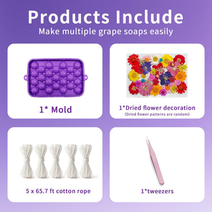 DIY Soap Making Kit, Silicone Grape Soap Mold with Cotton Rope, Dried Flowers & Tweezers, Exquisite Mold for Handmade Grape Soap Making Gift & Home Decor