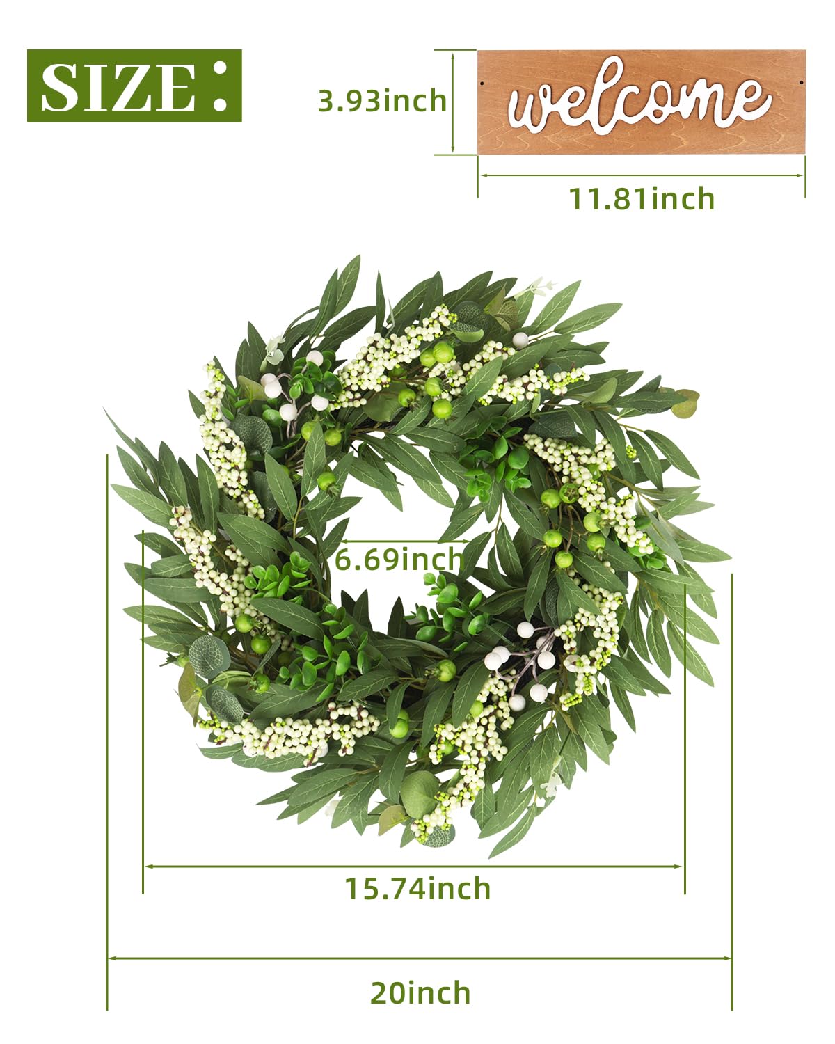 20in Wreath for Front Door,Spring Wreaths with Welcome,Greenery Summer Wreath for All Season,Farmhouse, Outdoor, Porch, Garden, Wedding Decor
