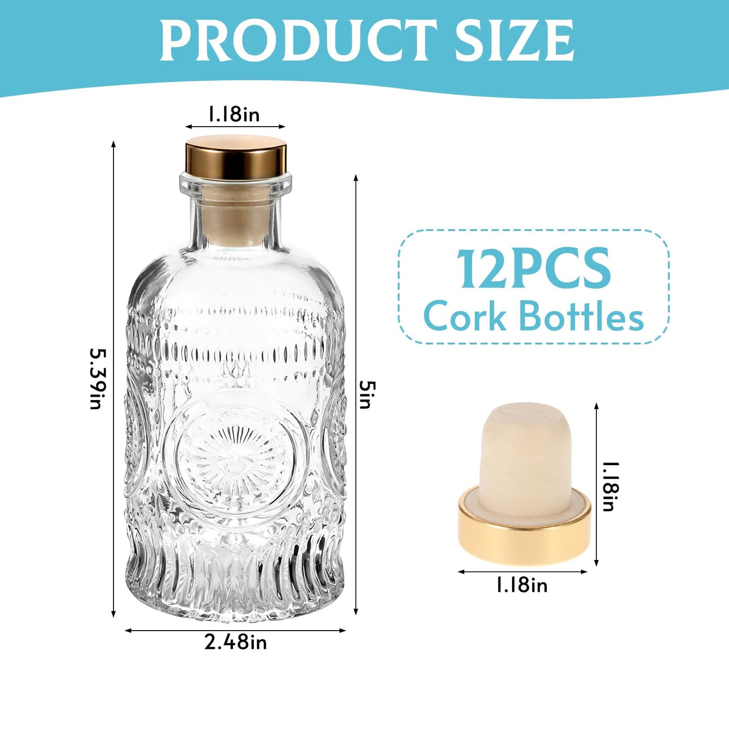 MegoSage 12 Pack Small Glass Bottles with Cork, 6.7oz/200ml Small Apothecary Jars, Clear Square-Round Mini Bottles for Beverages, Crafts, Wedding Favors & DIY Home Decor
