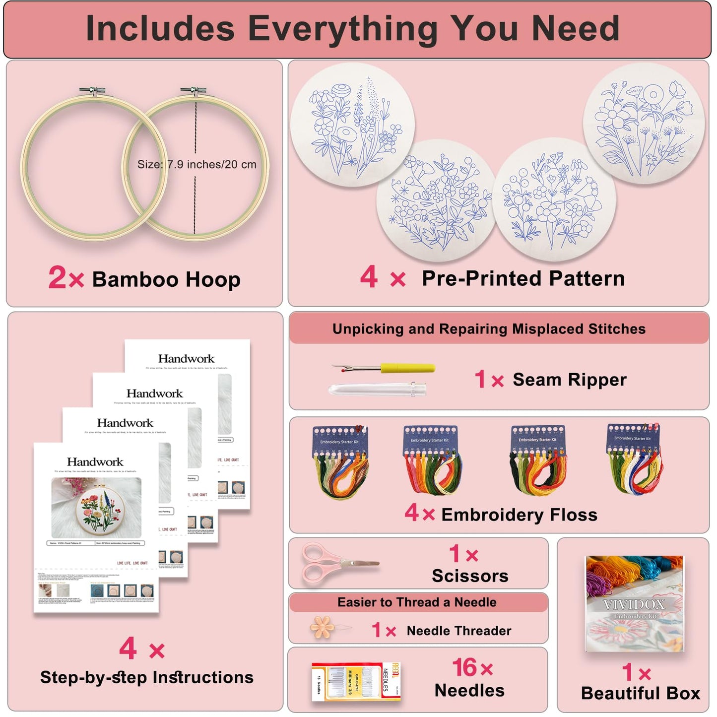 VIVIDOX 4 Sets Embroidery Kit for Beginners with Stitch Video, Flower Cross Stitch Kits for Adults, Starter, Hand Craft Lover Practice with Floral Stamped Pattern, 2 Hoops, 16 Needles, Scissors, Tools