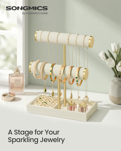 SONGMICS Bracelet Holder Stand, Jewelry Display Stand, Jewelry Organizer, with 2 Tiers and Velvet Tray, Removable Ring Holder, Cream White and Pale Gold UJJS039W101