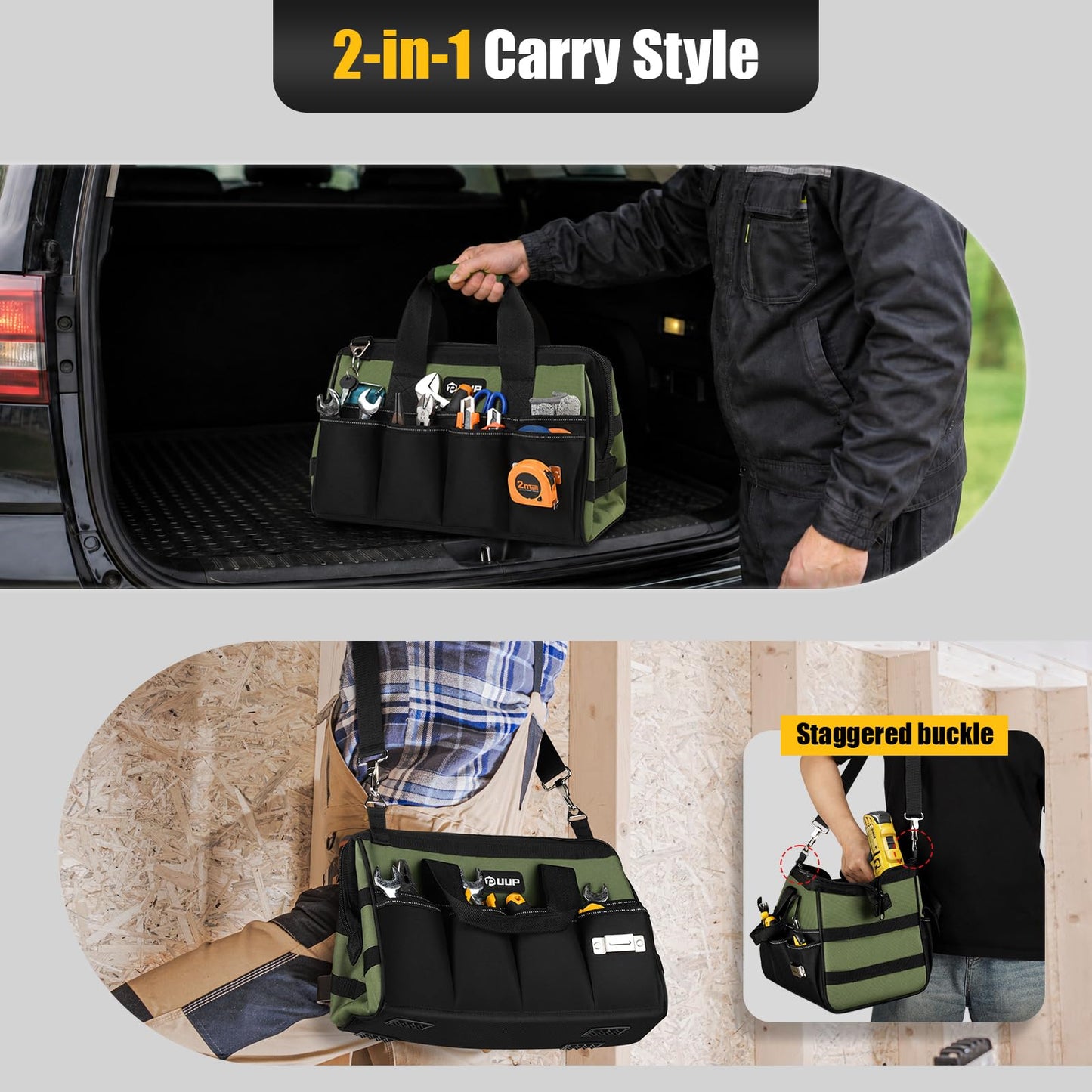 UUP Heavy Duty Tool Bag 15-Inch, 16-Pocket Portable Empty Tool Box Organizer, Big Storage Toolbox Organization, Soft Handle Large Zipper Carrying Toolbag, Father Day Gifts for Him Dad Men, Green