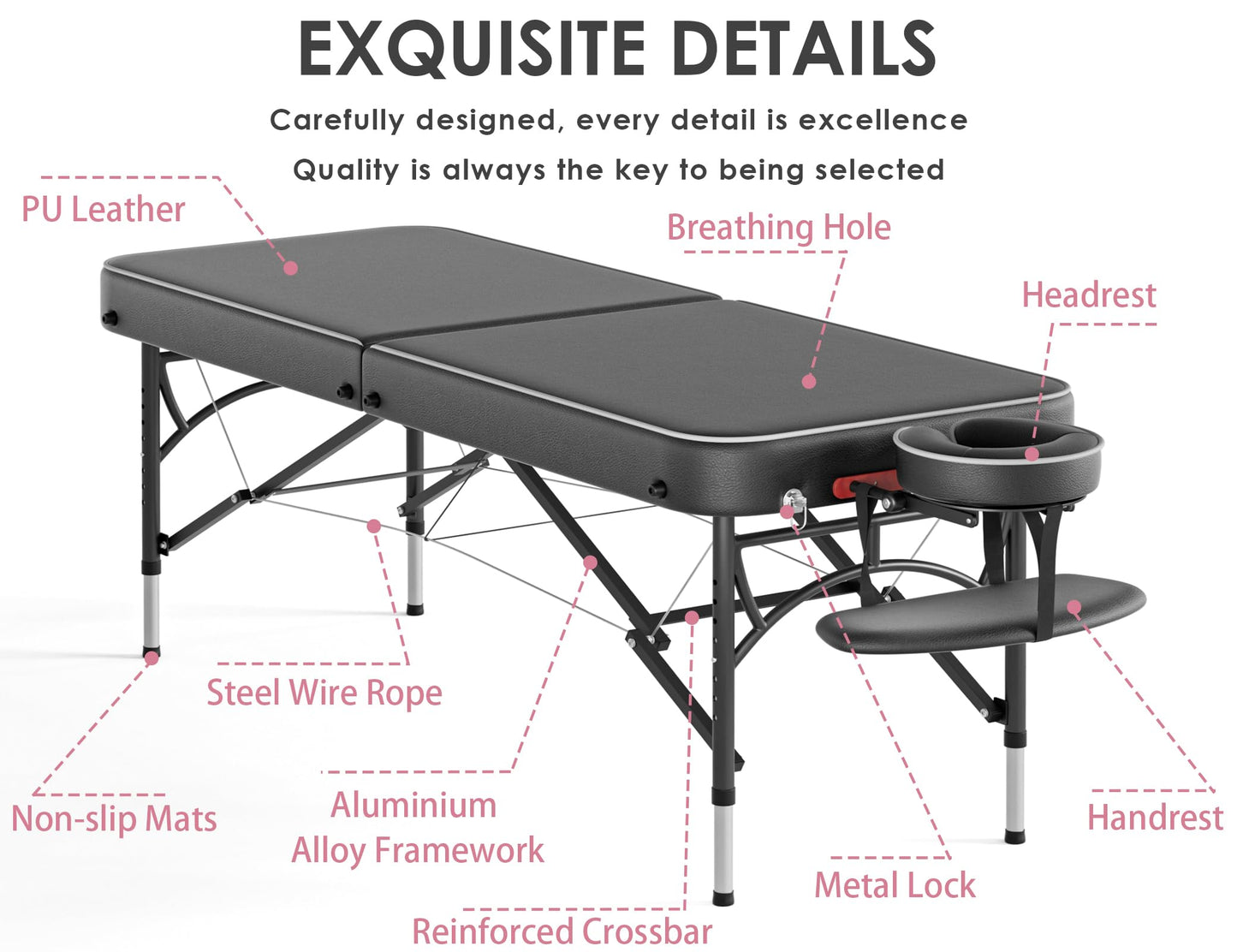 CLORIS 84" Professional Massage Table Portable Reinforced Aluminium Leg Hold Up to 1100LBS 2 Folding Lightweight Spa Salon Tattoo Massage Bed Height Adjustable with Carrying Bag Black