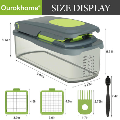 Ourokhome Vegetable Chopper Cutter with Container, Manual Hand Food Veggie Dicer with 2 Chopping Blades for Potato Strips, Onion Cubers, Carrot Sticks, Essential Kitchen Gadgets (2 in 1, Gray)