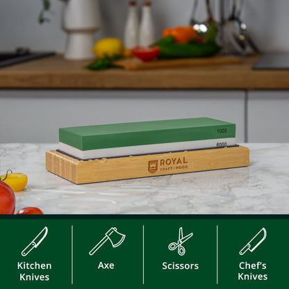 Universal Knife Sharpening Stone w/Dual Grit 1000/6000 for Kitchen Knife Set, Chef Knife, and more - Whetstone Sharpening Kit with Angle Guide, Non-Slip Silicon and Bamboo Bases by ROYAL CRAFT WOOD