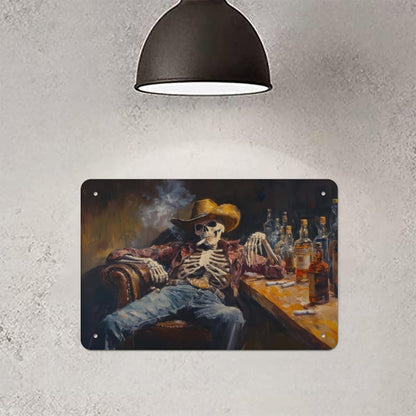 Metal Sign Poster 8x12 Inch Wild West Skeleton Cowboy in A Bar Oil Painting Print Western Wall Art Road Trip Gift Southwestern Art Decor