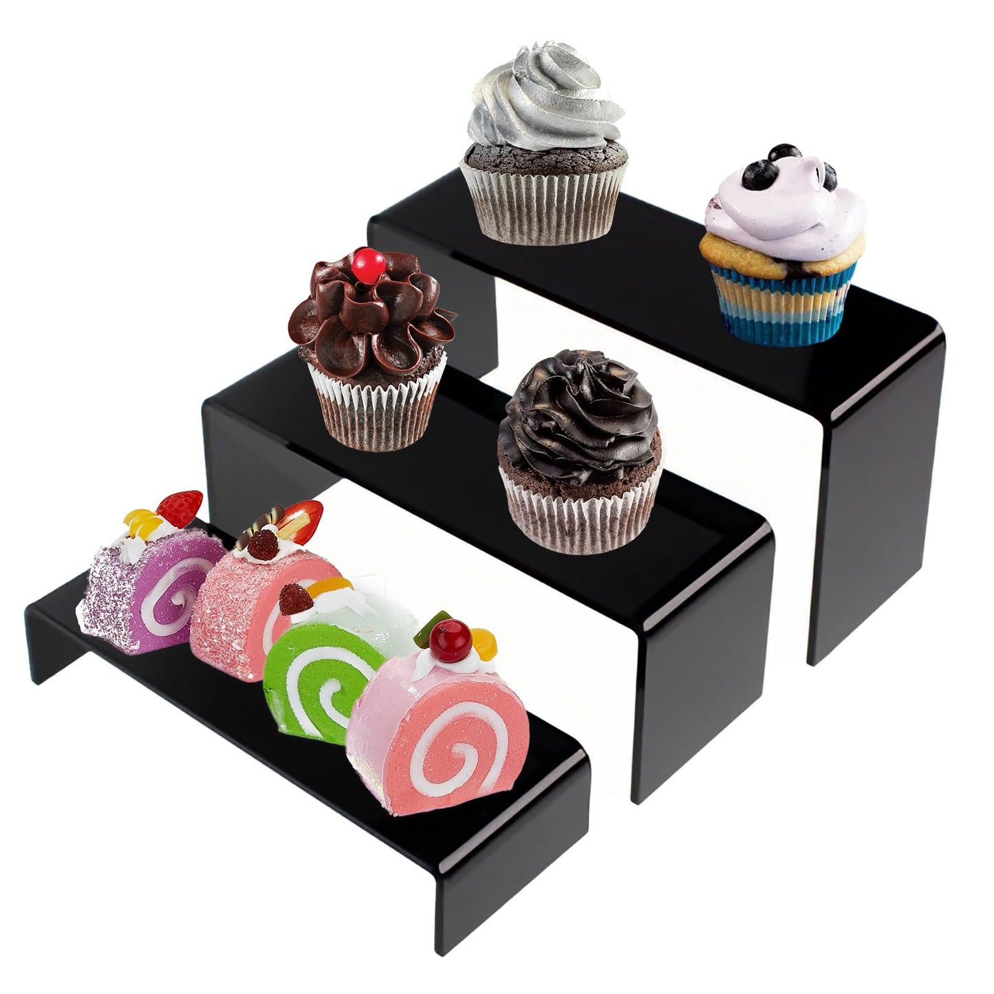 KOSKWKREO 3 Pack Black Acrylic Display Risers, Tiered Display Stand Set in 3 Sizes for Perfume, Cosmetics, Cupcakes, Figures, Toy Cars, Collectibles and Small Decor