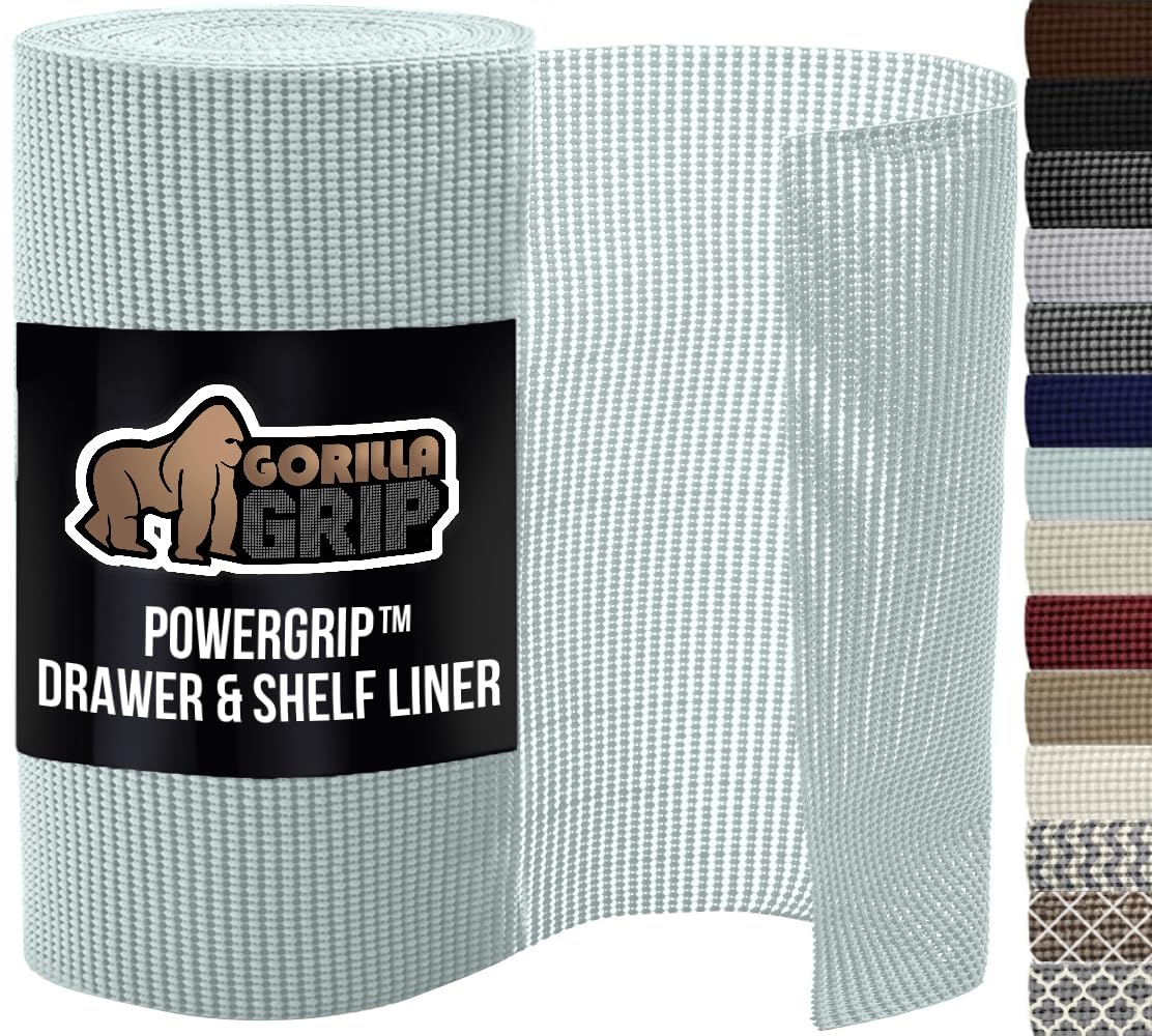 GORILLA GRIP powerGRIP Drawer Shelf and Cabinet Liner, Thick Strong Hold, Non-Adhesive Liners Protect Kitchen Cabinets and Cupboard, Bathroom Drawers, Easy Install, Breathable Mat, 12" x10', Beige