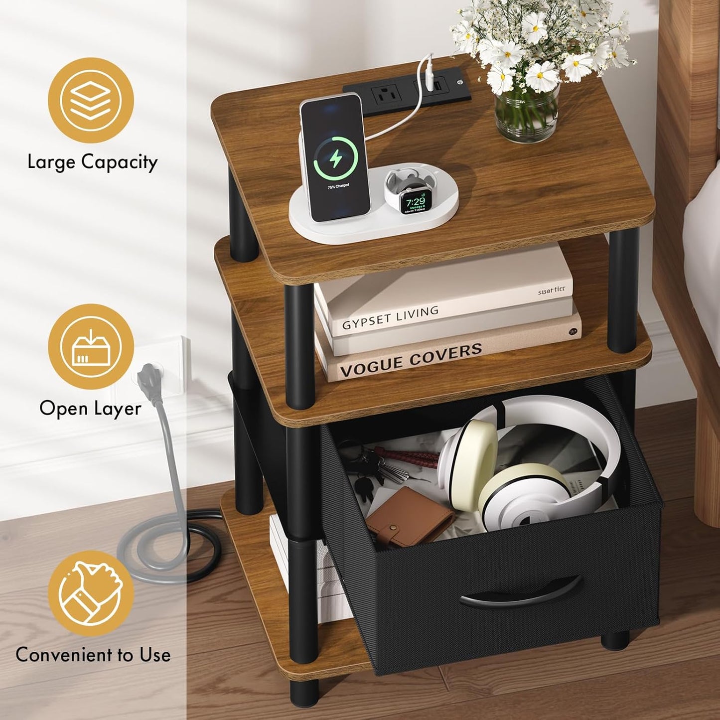 3-Tier 2-Min Bedroom Nightstand with Charging Station, Bedside Table with Adjustable Fabric Drawer, Night Table