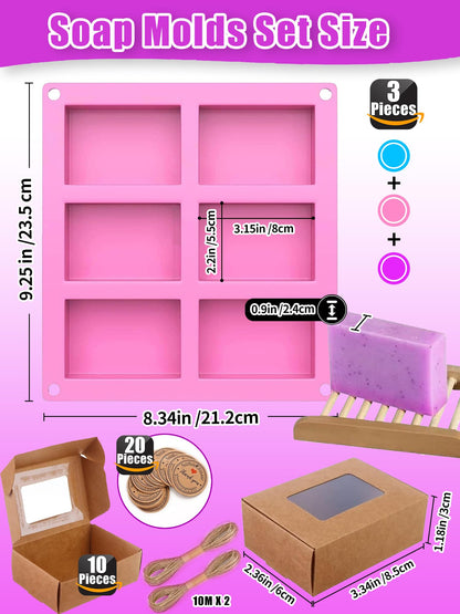 Silicone Soap Molds Set of 3, with 10 Soap Boxes for Homemade Soap,DIY Rectangle Soap Molds for Soap Making, 6 Cavity Mold for Craft Soap Mold, Chocolate & Ice Cube Trays(Blue, Purple & Pink)