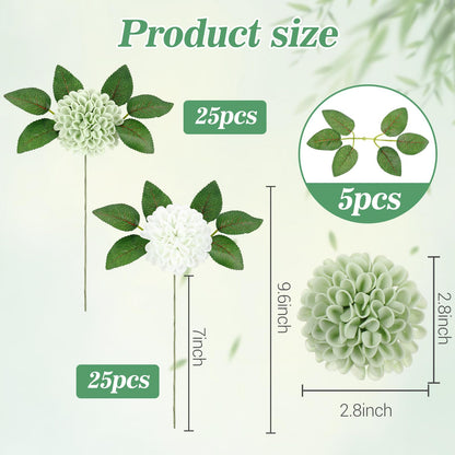 Giegxin 50 Pcs Sage Green Artificial Flowers with Stem for DIY Wedding Bouquets Centerpieces Arrangements, Green and White Dahlia Flowers for Bridal Shower Party Home Decorations, 3.15 Inches
