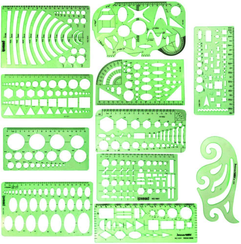 ipxead 11 Piece Geometric Drawing Template Measuring Ruler, Transparent Green Plastic Ruler with Portable Plastic Bag for, for Studying, Designing and Building