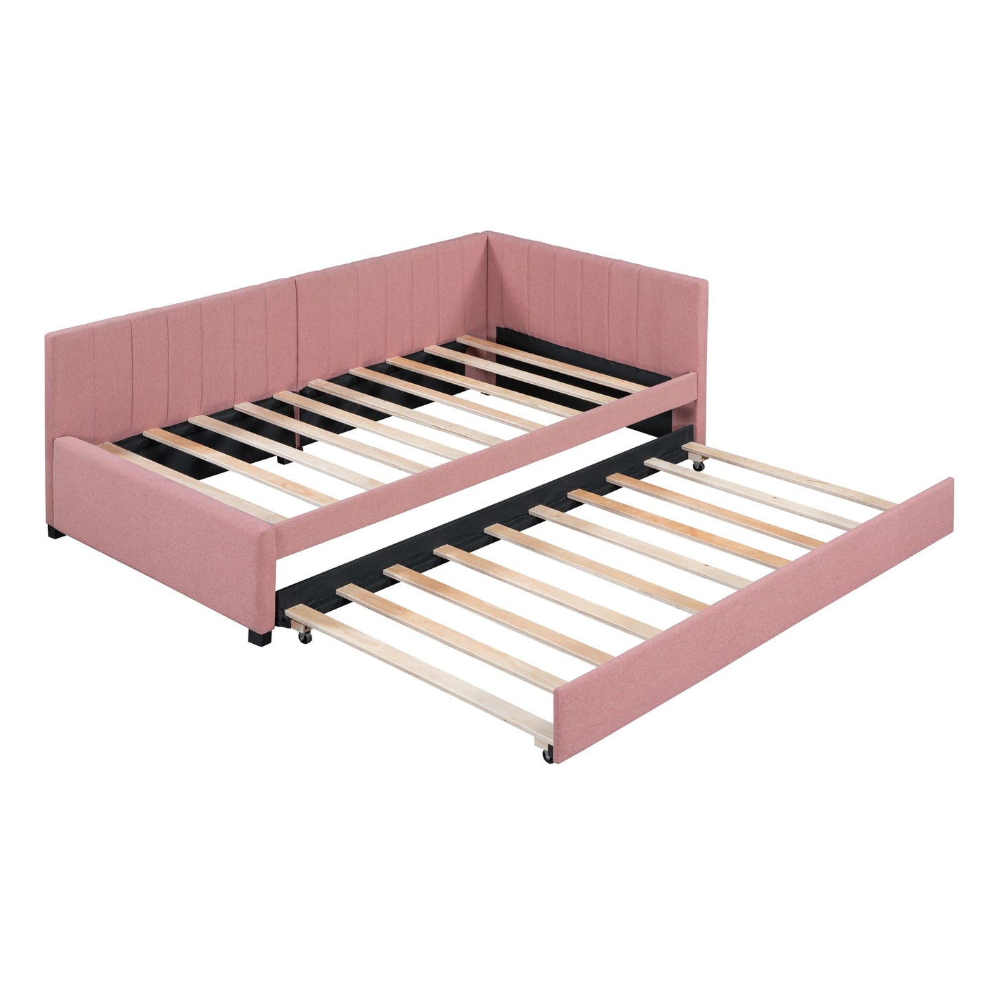 Brisca Upholstered Linen Daybed with Trundle,Twin Size Sofa Bed Frame W/Wooden Slats,for Bedroom,Apartment,Studio,Pink