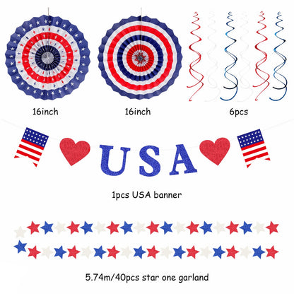 Red-White Blue Memorial-Day Patriotic Decorations - 21pcs 4th Fourth of July Americana Banner Garland,Independence Party Decor Paper Streamers Lanterns,Flower Tissue Pom Poms Fan Supplies Huglony