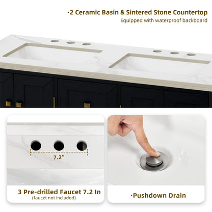 DWVO 47 Inch Bathroom Vanity with Double Sink, Retro Bathroom Storage Cabinet with Sintered Stone Countertop, Six Holes, 4 Doors & 3 Drawers